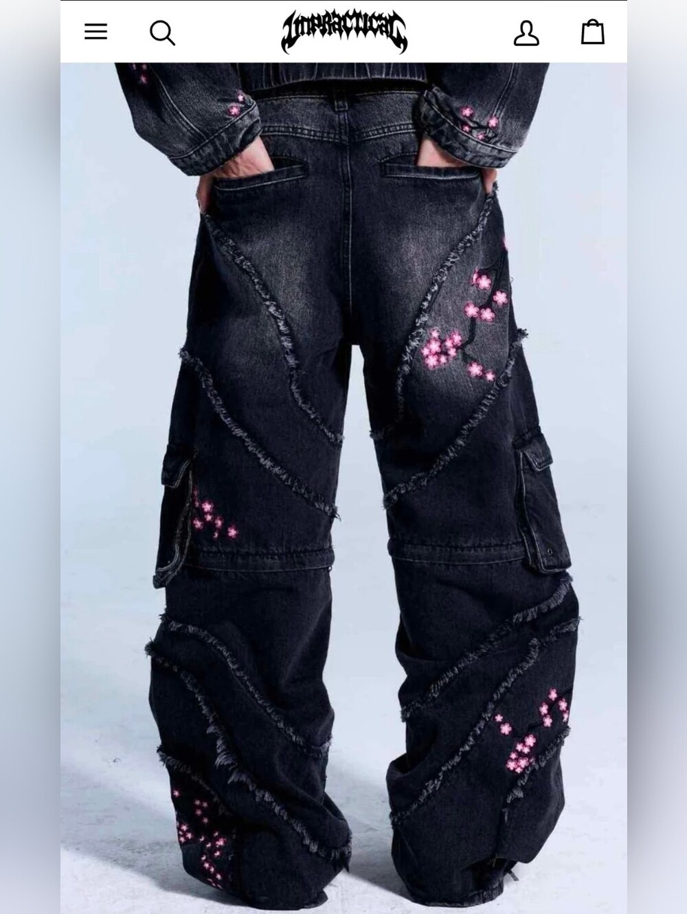 Unpractical Sakura Convertible Cargo Jeans NWT Black Floral Denim Medium - Picture 3 of 8